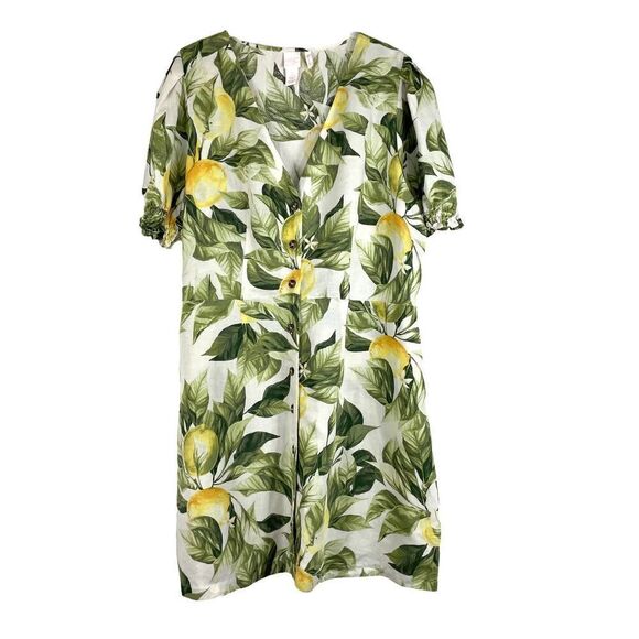 H&M linen blend lemon print‎ button down dress Sz L - Picture 1 of 9